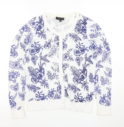 New Look Womens White Blue Floral Cardigan Size 12 Cotton Blend Knit