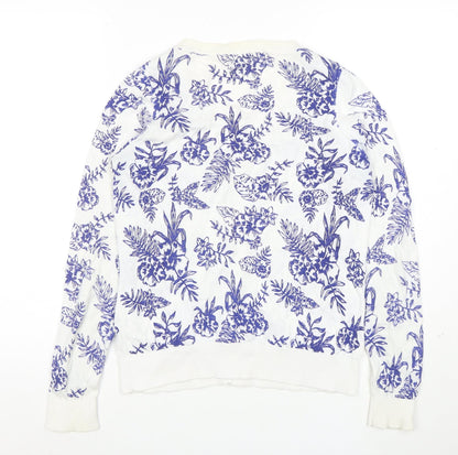 New Look Womens White Blue Floral Cardigan Size 12 Cotton Blend Knit