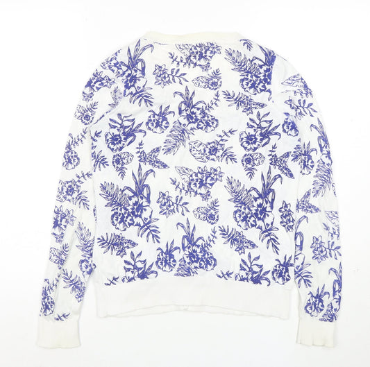New Look Womens White Blue Floral Cardigan Size 12 Cotton Blend Knit