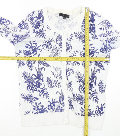 New Look Womens White Blue Floral Cardigan Size 12 Cotton Blend Knit