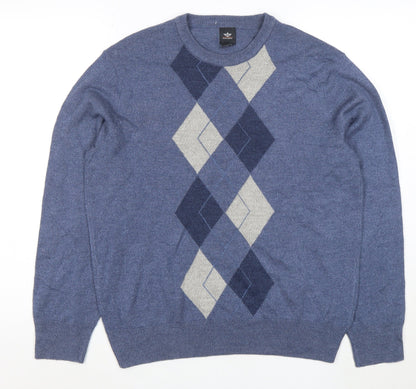 Dockers Men's Blue Argyle Crew Neck Acrylic Jumper Size M
