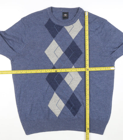 Dockers Men's Blue Argyle Crew Neck Acrylic Jumper Size M