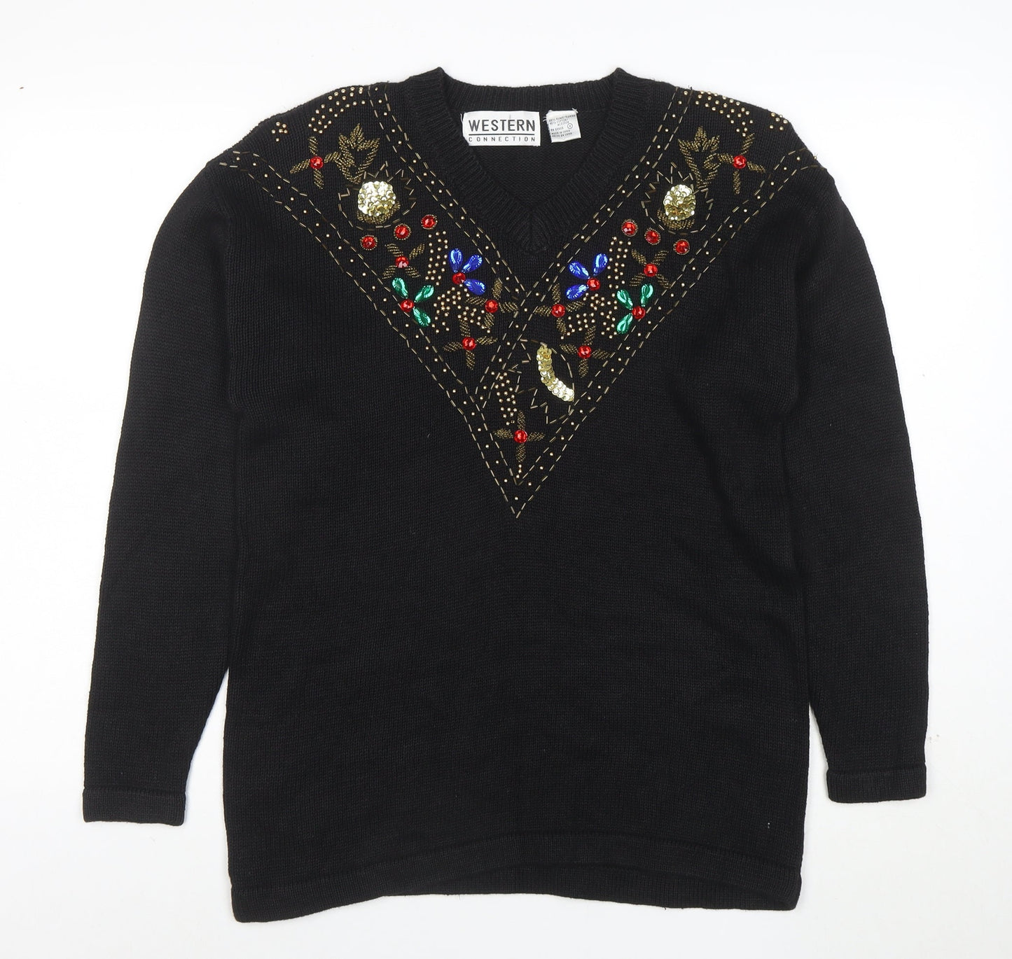 Western Connection Women's Black Beaded V-Neck Knit Jumper Size S