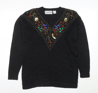 Western Connection Women's Black Beaded V-Neck Knit Jumper Size S