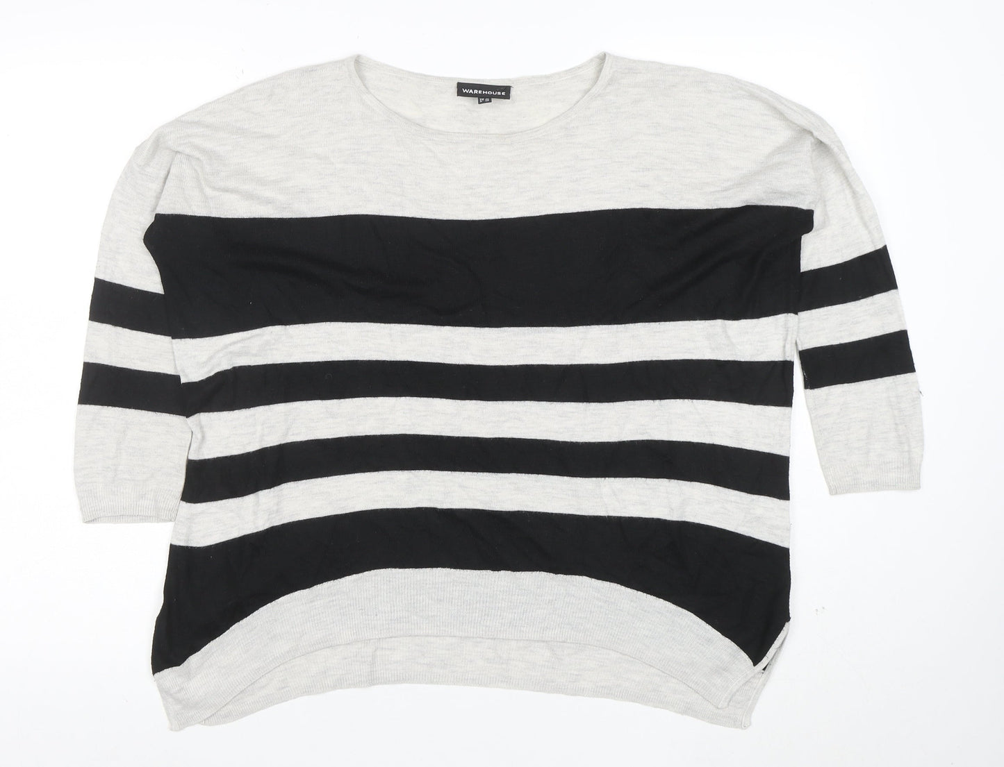Warehouse Women Black Grey Striped Knit Top UK 12 Relaxed Fit