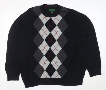 David Naylor Men's Black Argyle Crew Neck Cotton Jumper XL