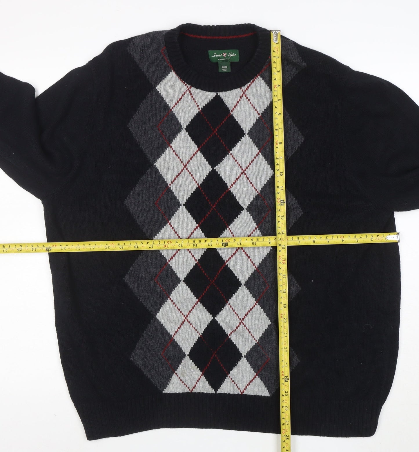 David Naylor Men's Black Argyle Crew Neck Cotton Jumper XL