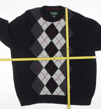 David Naylor Men's Black Argyle Crew Neck Cotton Jumper XL
