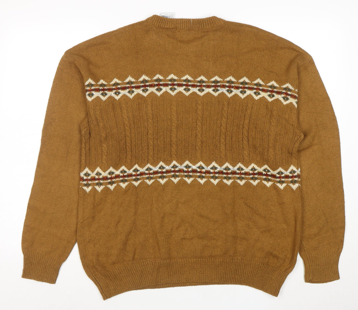 Claiborne Men's Brown Fair Isle Crew Neck Cable-Knit Jumper M