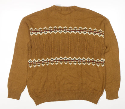 Claiborne Men's Brown Fair Isle Crew Neck Cable-Knit Jumper M