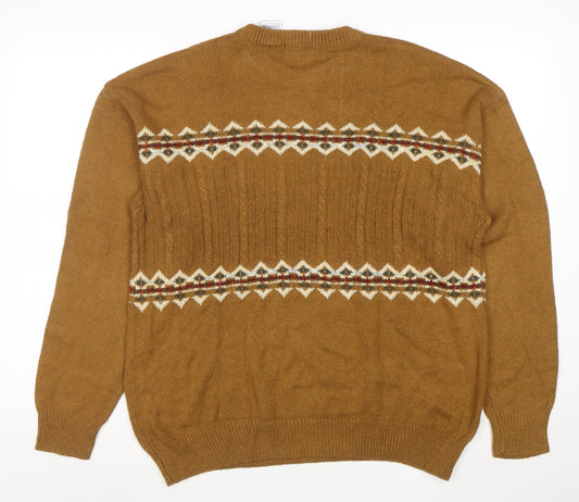 Claiborne Men's Brown Fair Isle Crew Neck Cable-Knit Jumper M