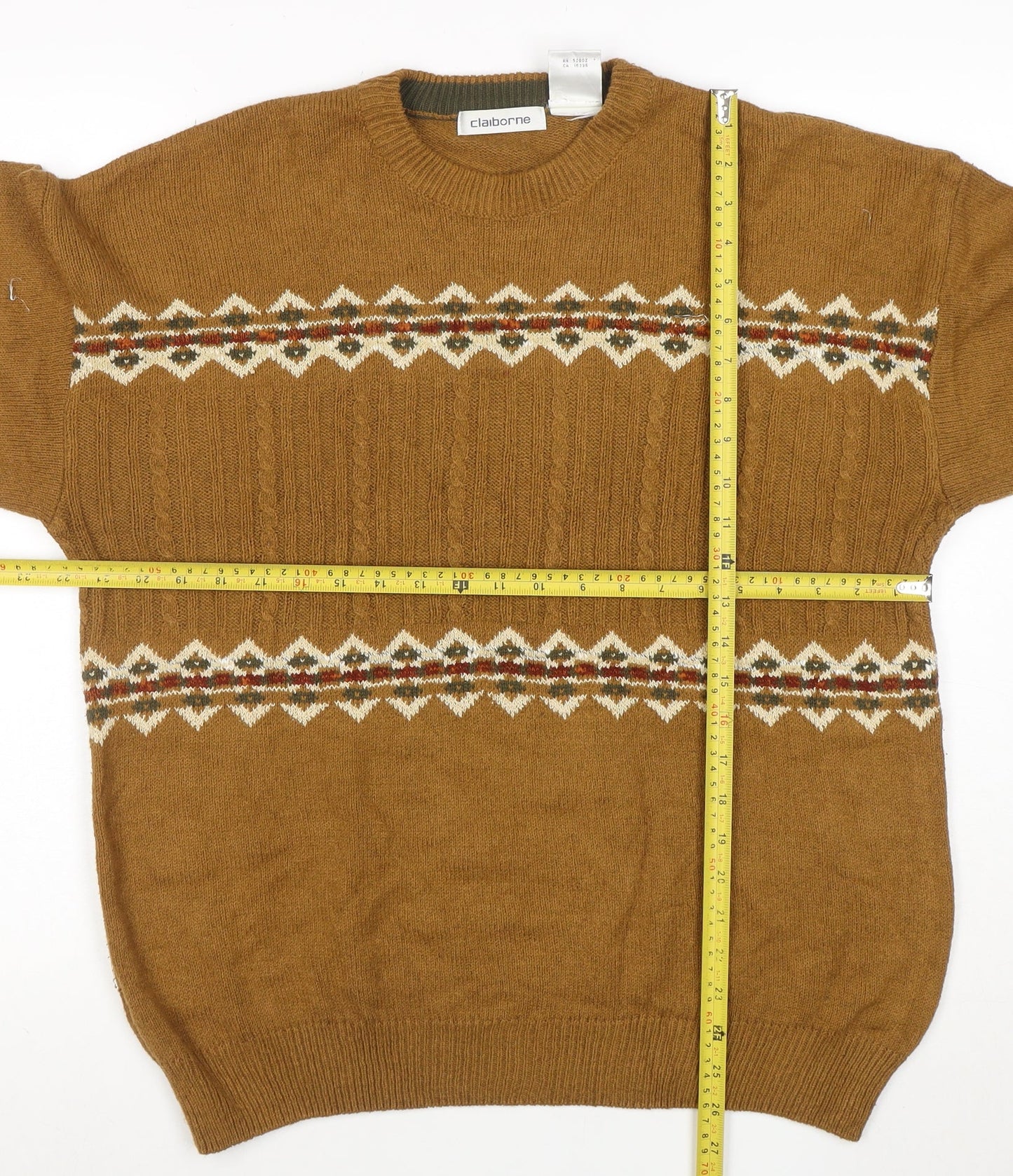 Claiborne Men's Brown Fair Isle Crew Neck Cable-Knit Jumper M