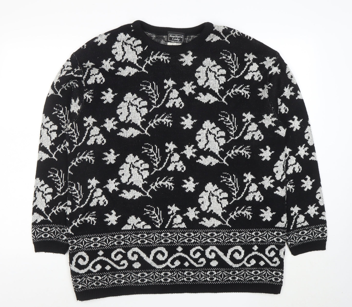 Southern Lady Womens Black Floral Knit Pullover Jumper Size L