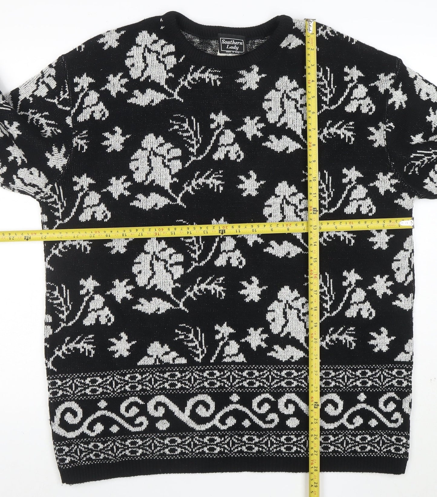 Southern Lady Womens Black Floral Knit Pullover Jumper Size L