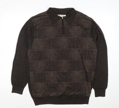 Pronto-Uomo Men's Brown L 1/4 Zip Collared Check Wool Blend Jumper