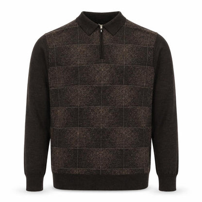 Pronto-Uomo Men's Brown L 1/4 Zip Collared Check Wool Blend Jumper