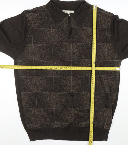 Pronto-Uomo Men's Brown L 1/4 Zip Collared Check Wool Blend Jumper