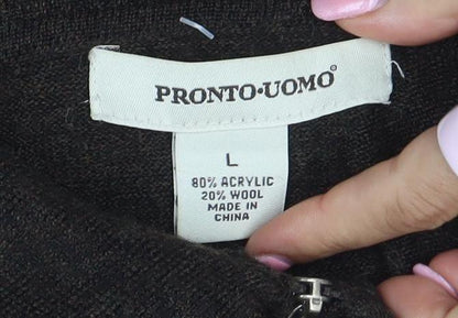 Pronto-Uomo Men's Brown L 1/4 Zip Collared Check Wool Blend Jumper