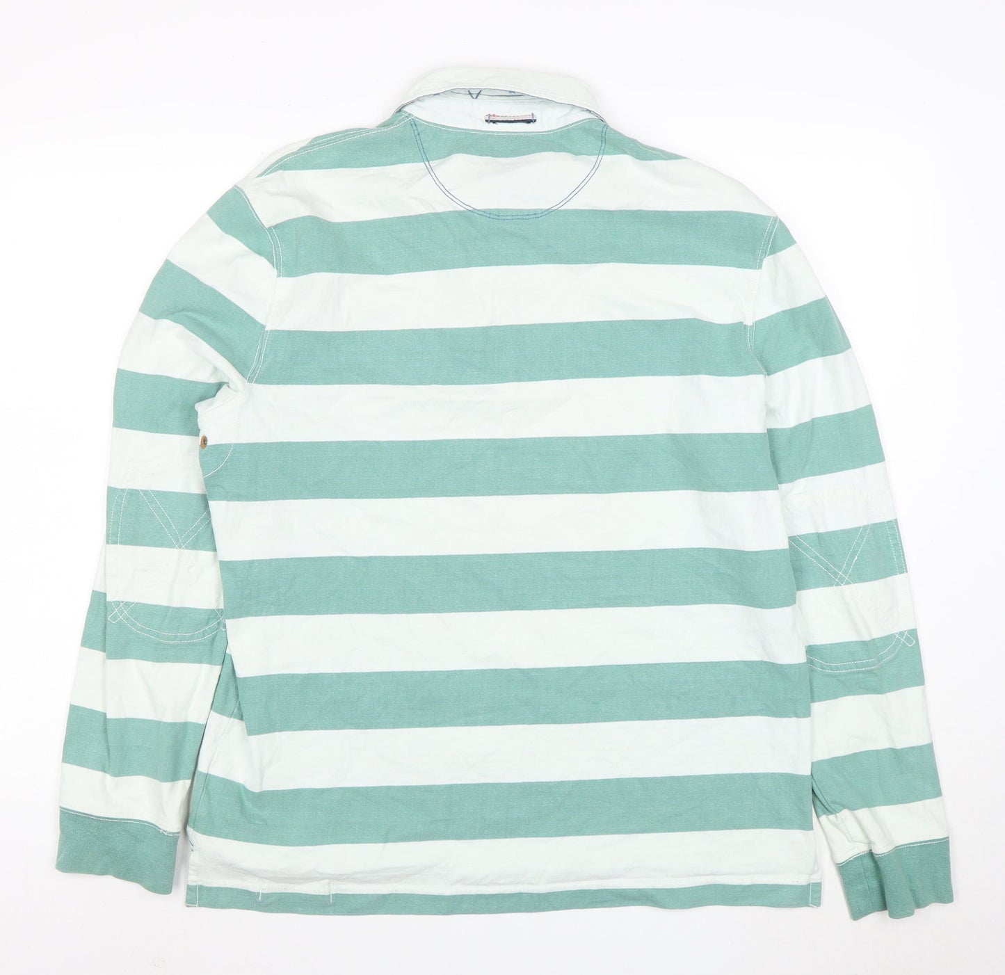 White Stuff Men's Green Striped Long Sleeve Polo Shirt Size L