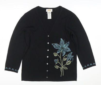 Talbots Women's Black Floral V-Neck Cardigan M 3/4 Sleeve Knit