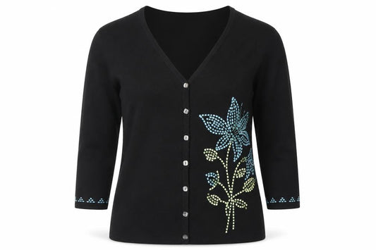 Talbots Women's Black Floral V-Neck Cardigan M 3/4 Sleeve Knit