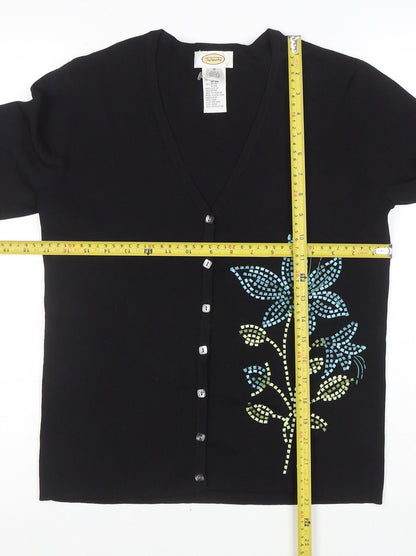 Talbots Women's Black Floral V-Neck Cardigan M 3/4 Sleeve Knit