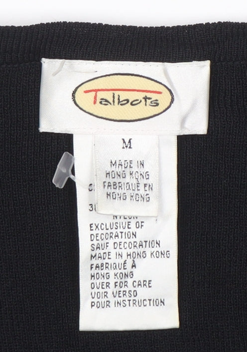 Talbots Women's Black Floral V-Neck Cardigan M 3/4 Sleeve Knit