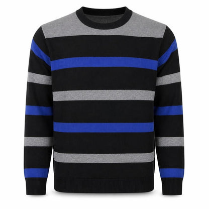 HOT Men's Black Grey Blue Striped Crew Neck Wool Blend Jumper L