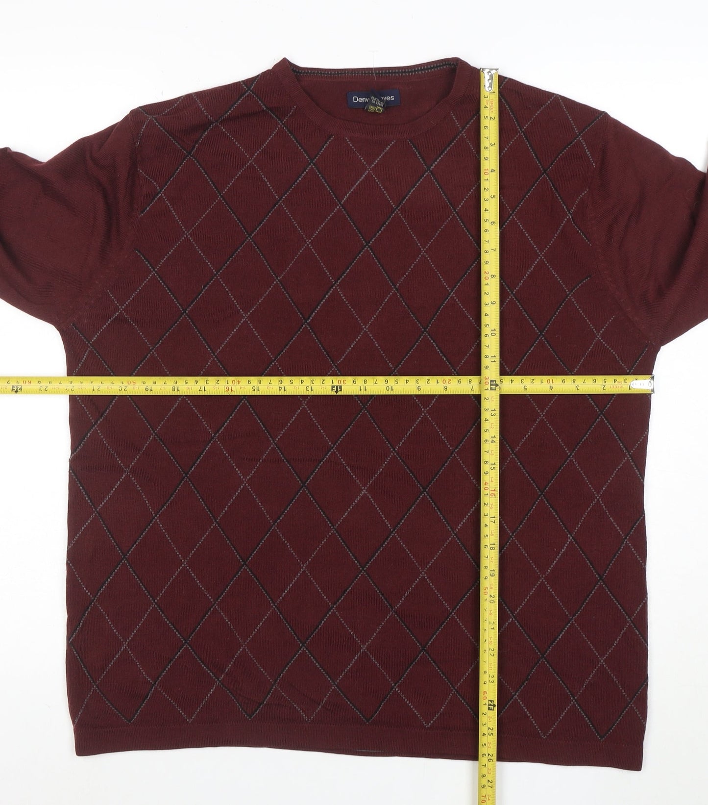 Denver Hayes Men's Brown Argyle Acrylic Crew Neck Jumper Size L