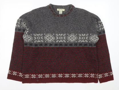 Eddie Bauer Womens Grey Red Fair Isle Wool Jumper Size L Winter Knit