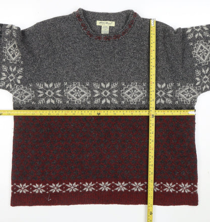 Eddie Bauer Womens Grey Red Fair Isle Wool Jumper Size L Winter Knit