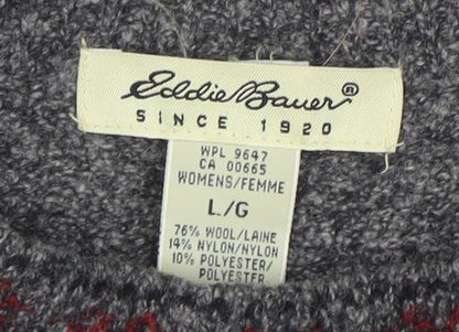 Eddie Bauer Womens Grey Red Fair Isle Wool Jumper Size L Winter Knit