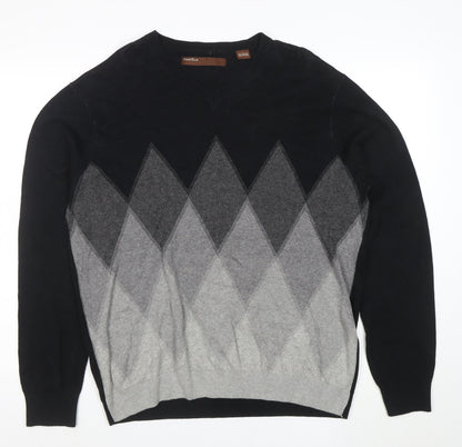 Perry Ellis Men's Black & Grey Argyle Cotton Blend V-Neck Jumper L