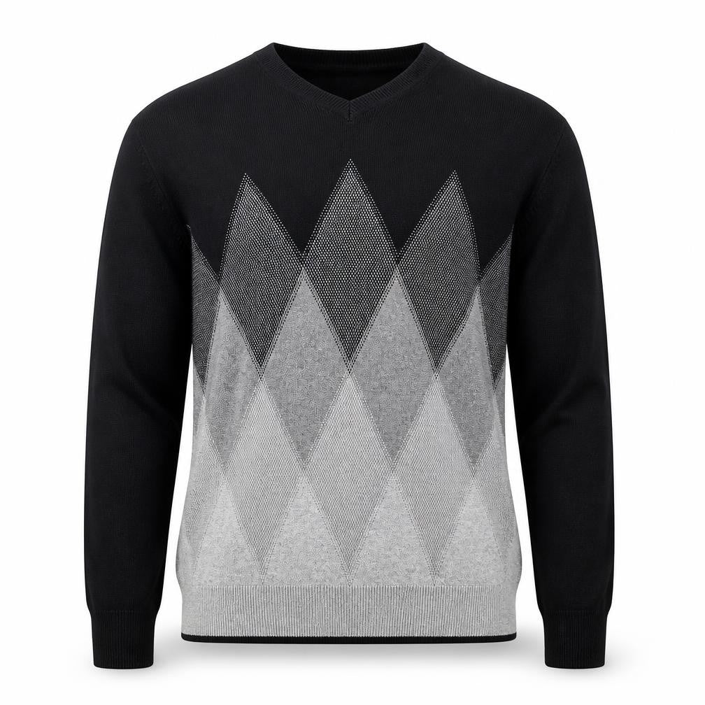 Perry Ellis Men's Black & Grey Argyle Cotton Blend V-Neck Jumper L