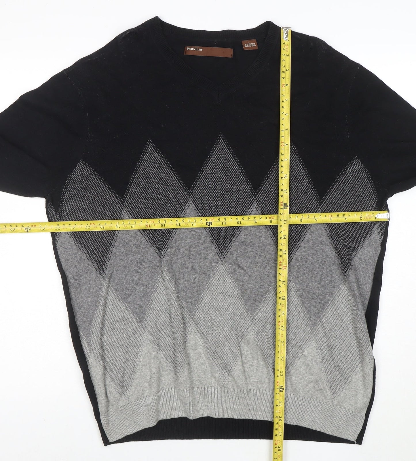 Perry Ellis Men's Black & Grey Argyle Cotton Blend V-Neck Jumper L