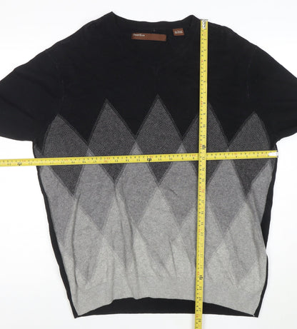 Perry Ellis Men's Black & Grey Argyle Cotton Blend V-Neck Jumper L