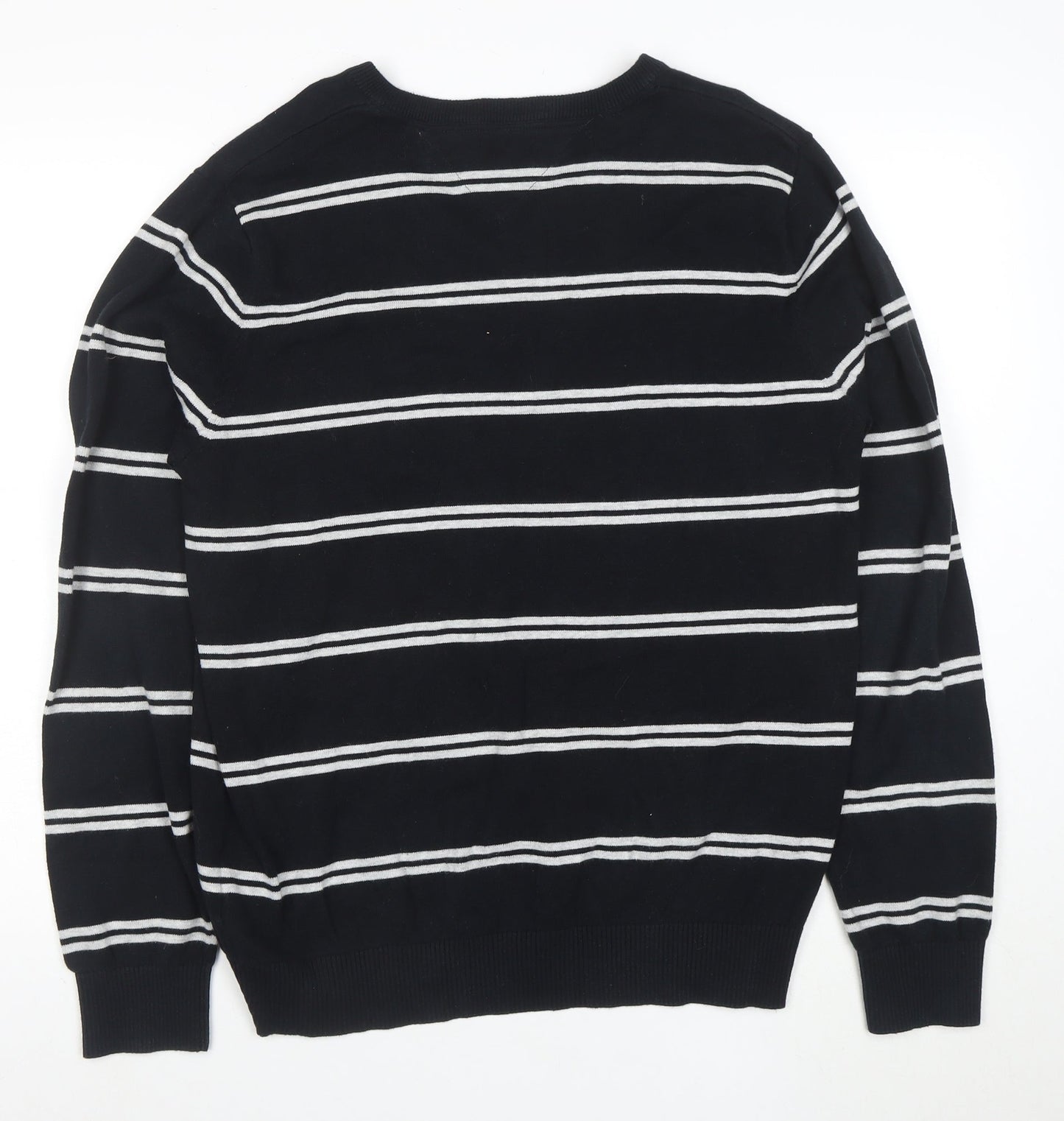 Tommy Hilfiger Men's Black V-Neck Striped Cotton Pullover Jumper L