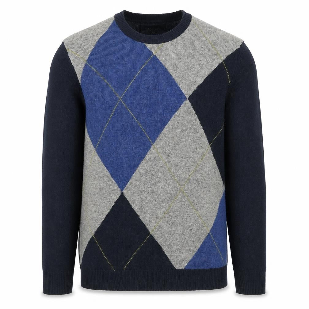 Express Men's Blue Argyle Lambswool Jumper Size L Crew Neck