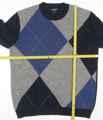 Express Men's Blue Argyle Lambswool Jumper Size L Crew Neck
