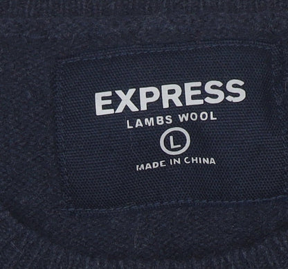 Express Men's Blue Argyle Lambswool Jumper Size L Crew Neck