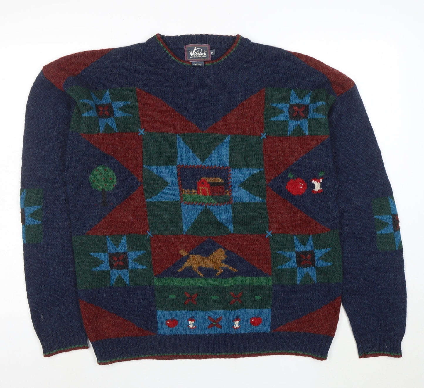 Woolrich Men's Multicoloured Wool Crew Neck Geometric Jumper XL Vintage