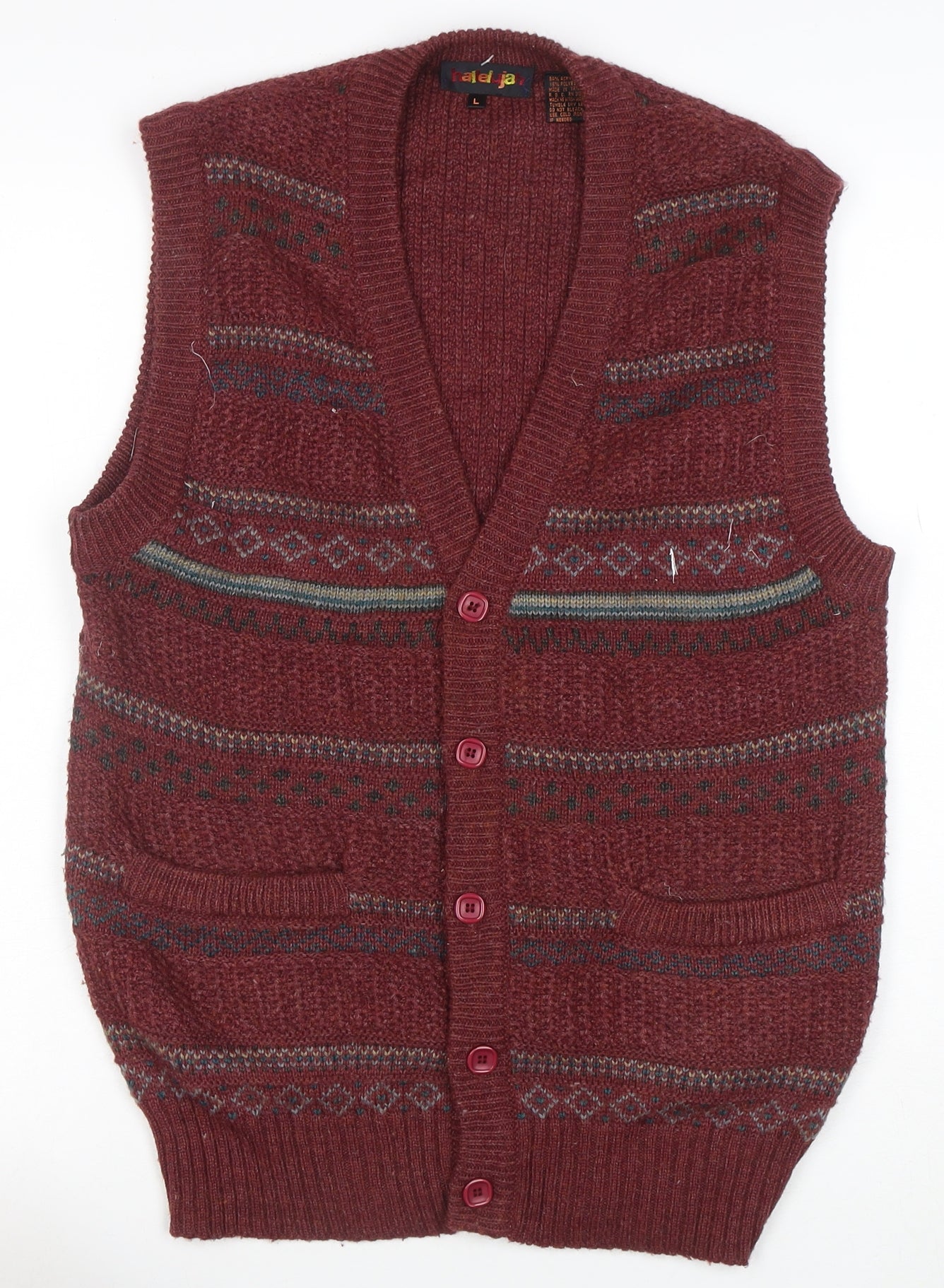 Talbots Women Burgundy Fair Isle Knit Button Vest L Wool Blend