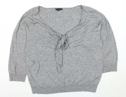 H&M Women Grey M Boat Neck Tie Front Jumper 3/4 Sleeve Lightweight