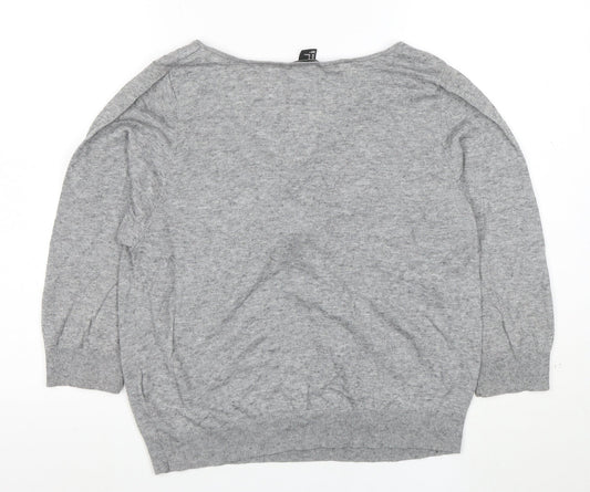 H&M Women Grey M Boat Neck Tie Front Jumper 3/4 Sleeve Lightweight