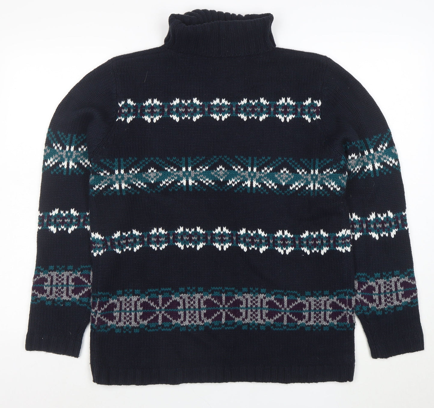 Denim & Co. Men's Blue Fair Isle Roll Neck Chunky Knit Jumper L