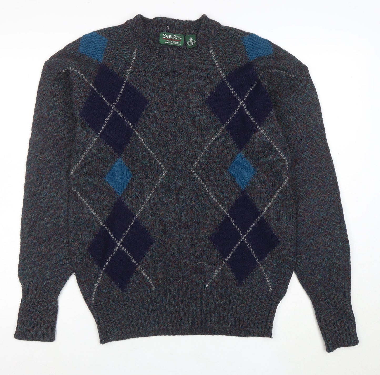 Savile Row Men's Blue Wool Argyle Pullover Jumper M