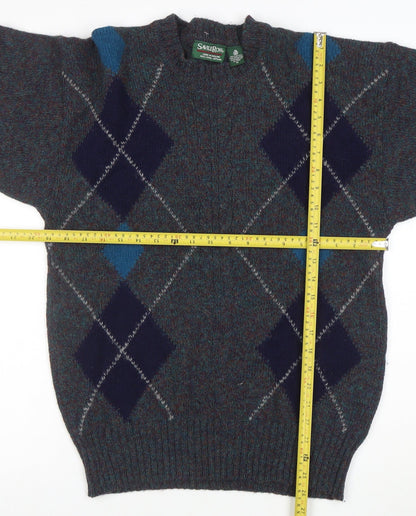 Savile Row Men's Blue Wool Argyle Pullover Jumper M