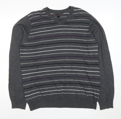 Emanuele Ungaro Men’s Grey Striped V-Neck Cotton Jumper Size L