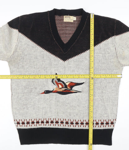 Montgomery Ward Women Beige Black V-Neck Pullover Jumper L Acrylic Bird Motif