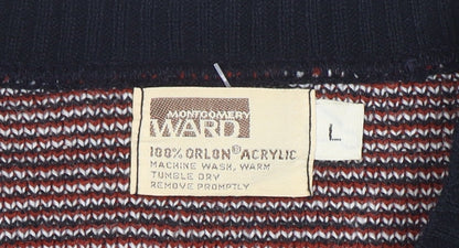 Montgomery Ward Women Beige Black V-Neck Pullover Jumper L Acrylic Bird Motif